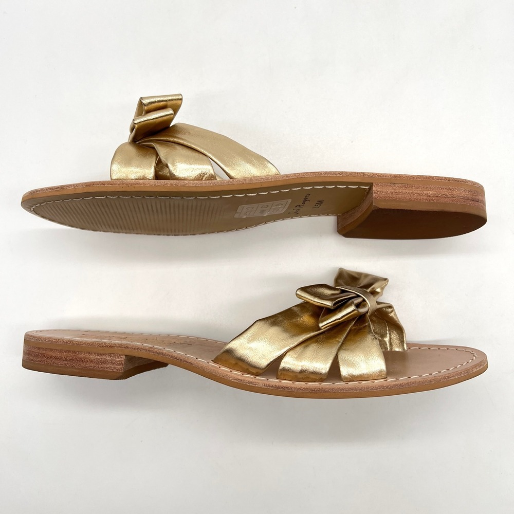 JACK ROGERS Brightly Bow Sandal Womens 8.5 Gold Nappa Leather Slip On Slide Flat - Picture 6 of 13
